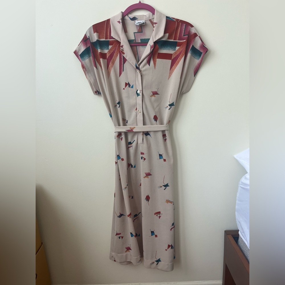 Geometric Print Vintage Beige Dress